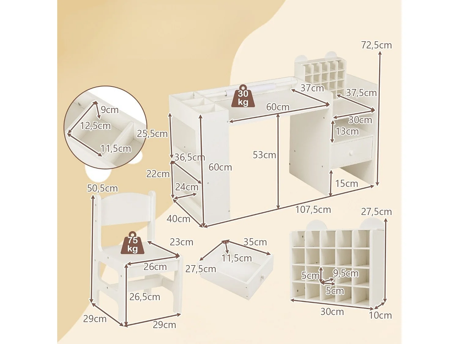Set di scrivania e sedia per bambini con porta rotolo di carta rimovibile Tavolo da pittura Bianco