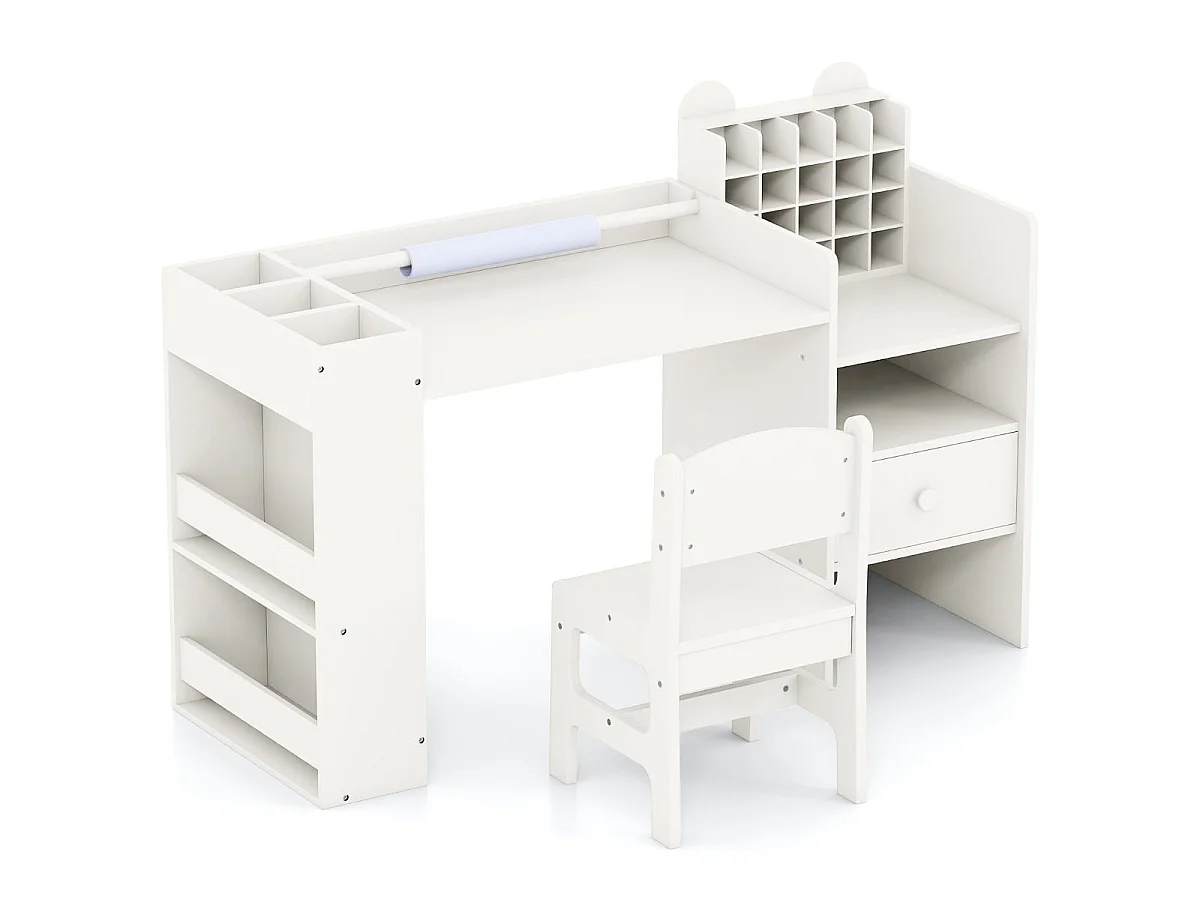Set di scrivania e sedia per bambini con porta rotolo di carta rimovibile Tavolo da pittura Bianco