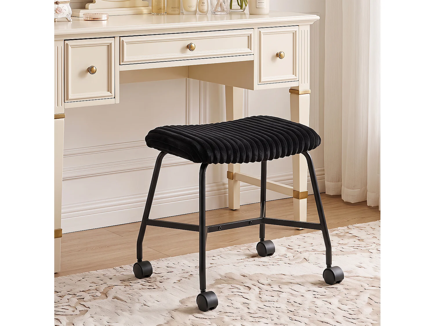 Lot de 2 tabourets à roulettes avec assise rembourrée - Tabourets de cuisine