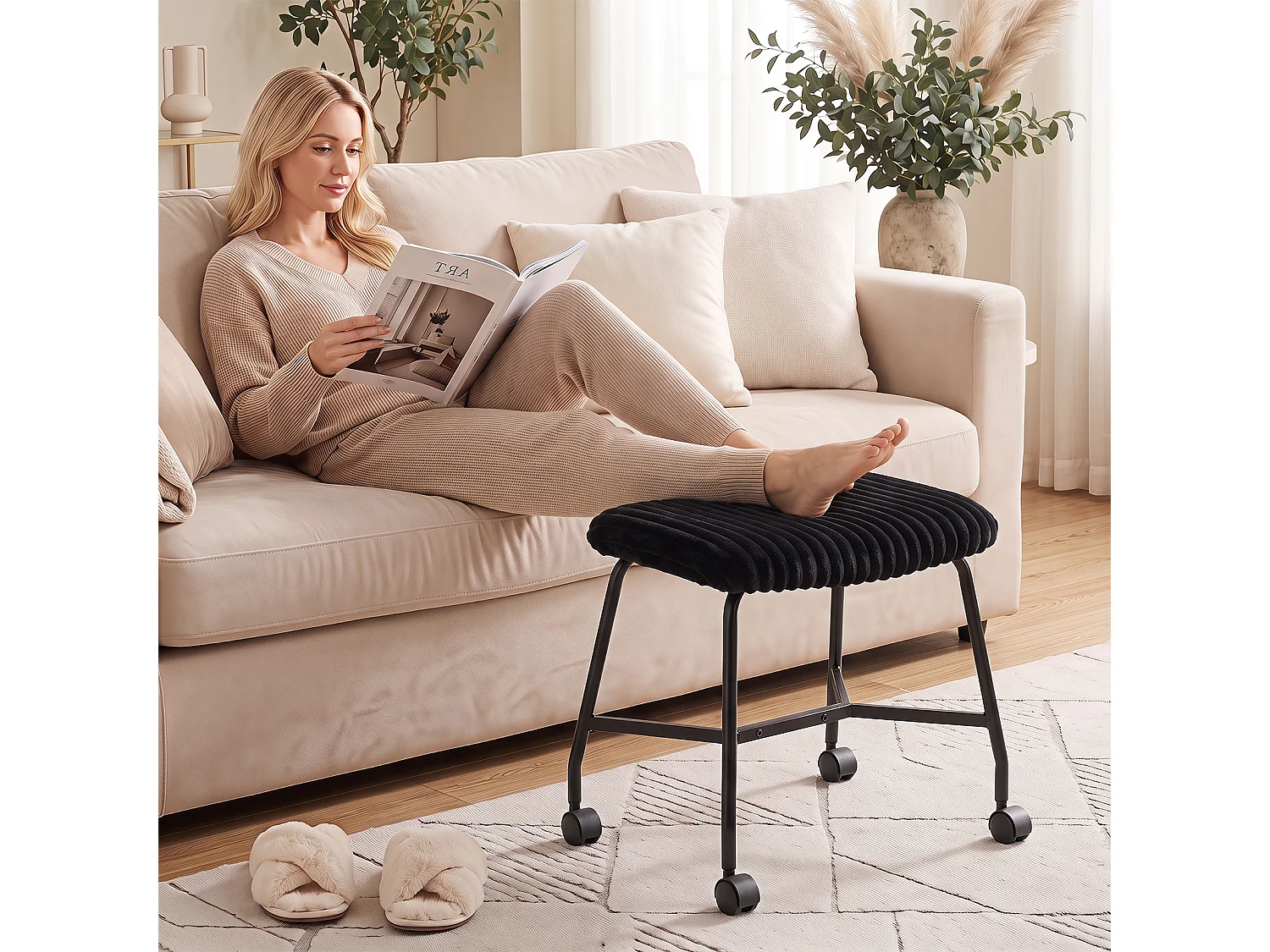 Lot de 2 tabourets à roulettes avec assise rembourrée - Tabourets de cuisine