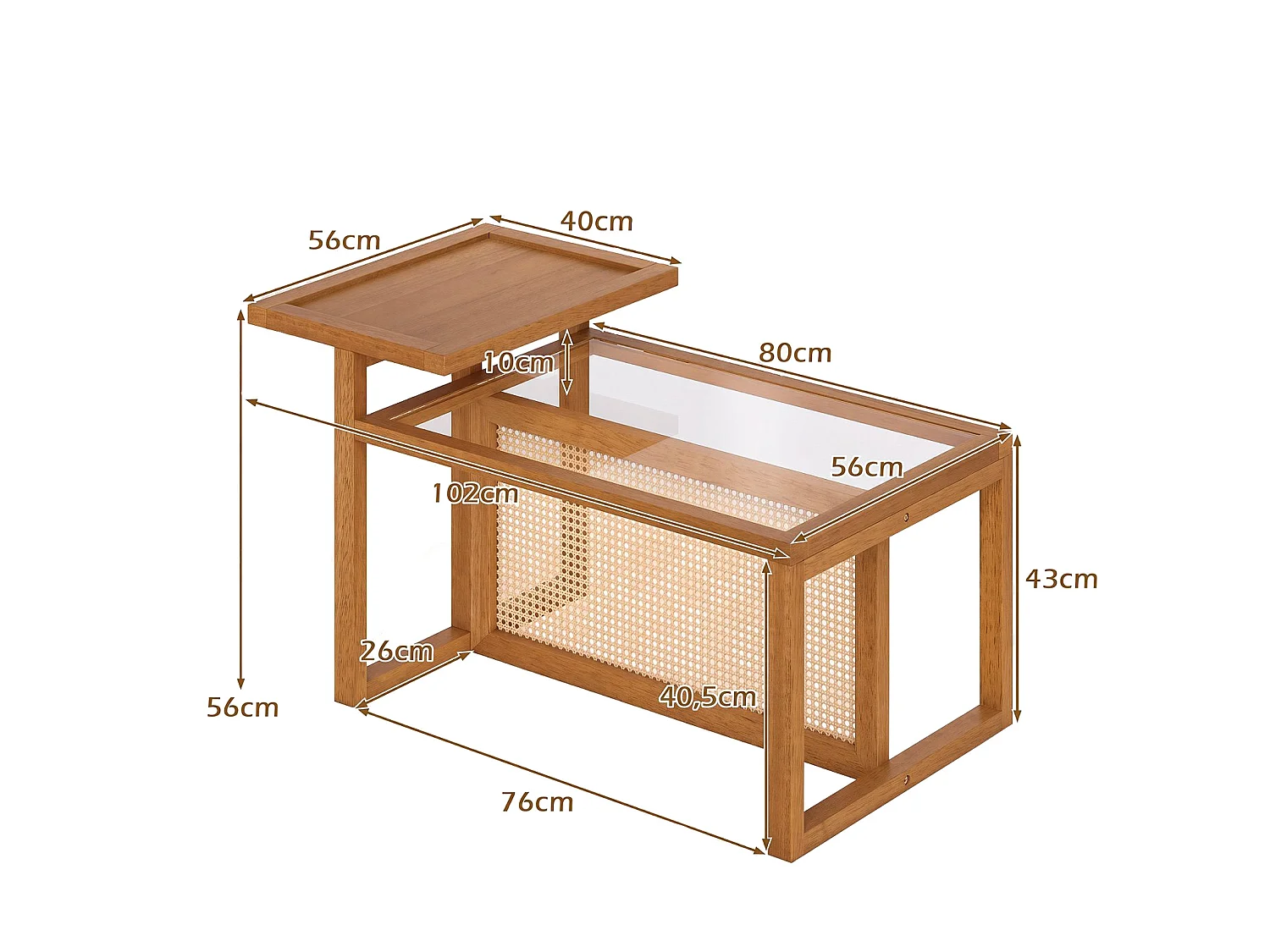 Table basse avec plateau en verre et étagère surélevée