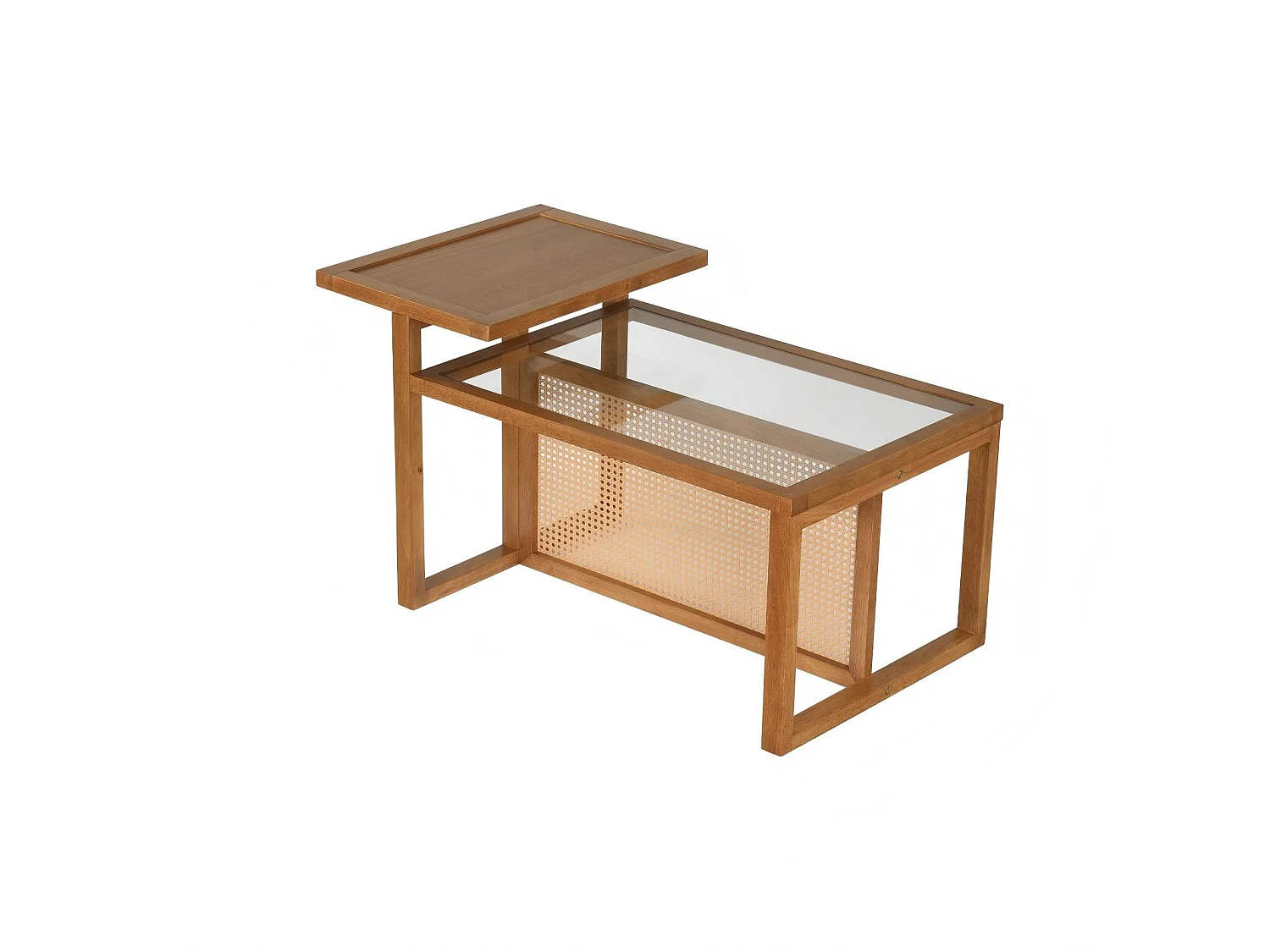 Table basse avec plateau en verre et étagère surélevée