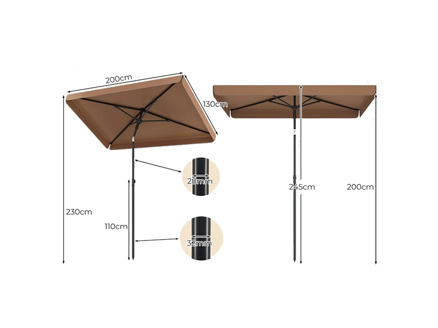 Parasol de jardin rectangulaire à angle d'inclinaison réglable