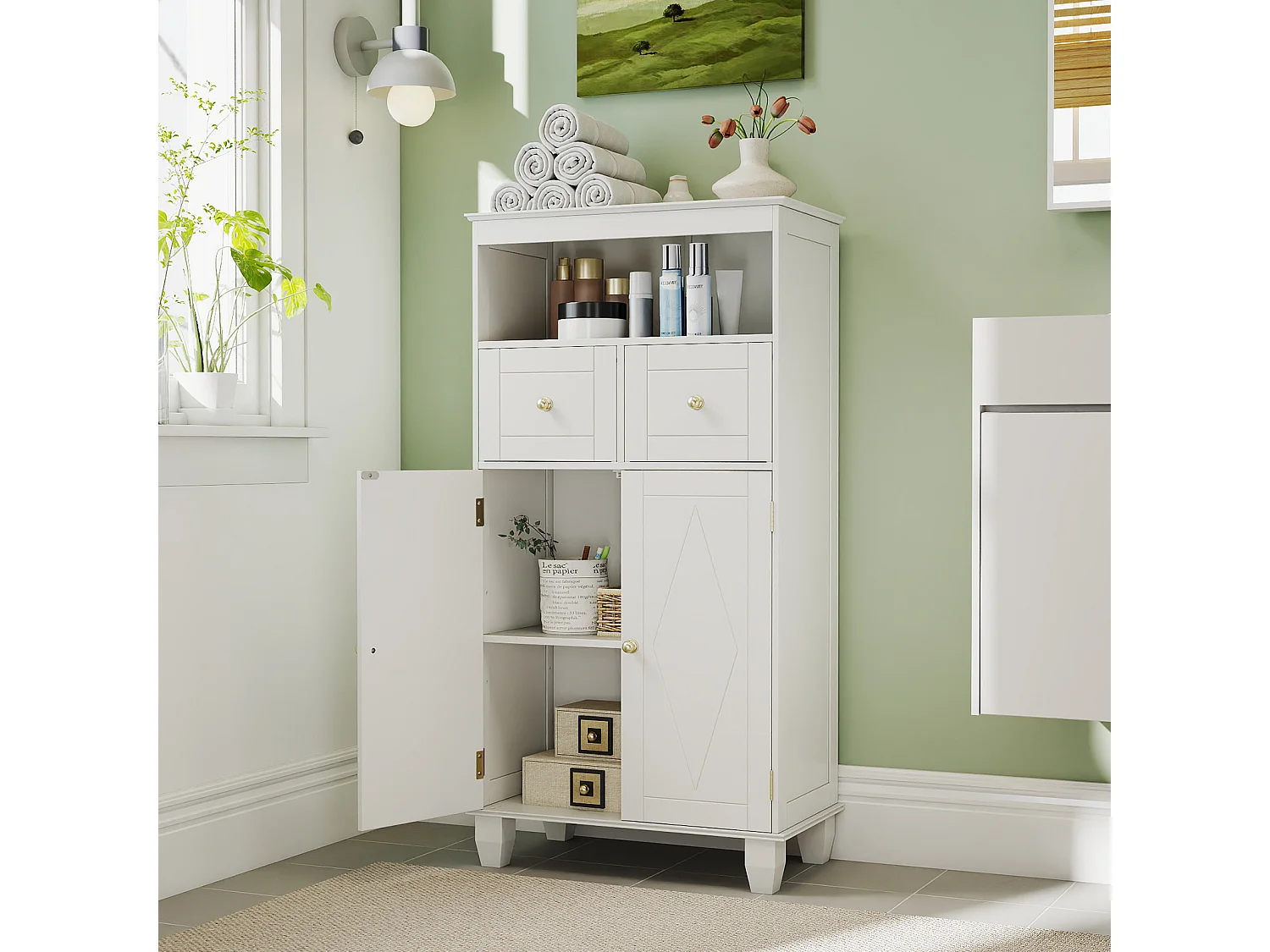 Commode avec tiroirs et étagère ouverte Commode blanche