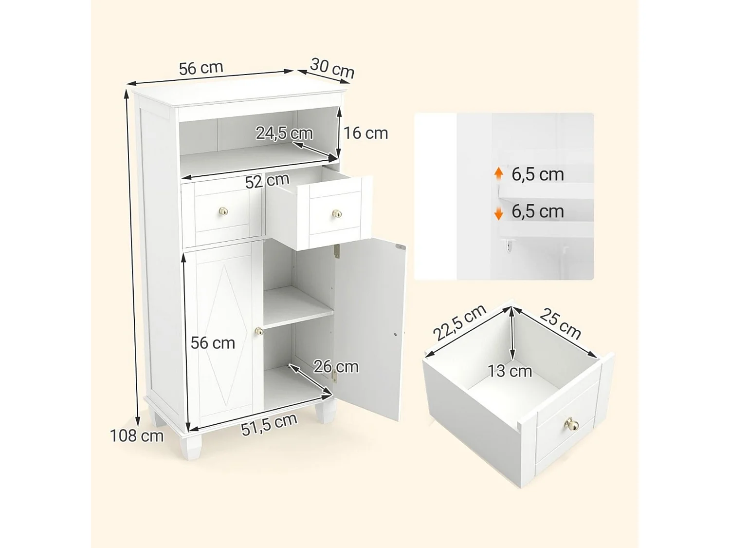 Commode avec tiroirs et étagère ouverte Commode blanche