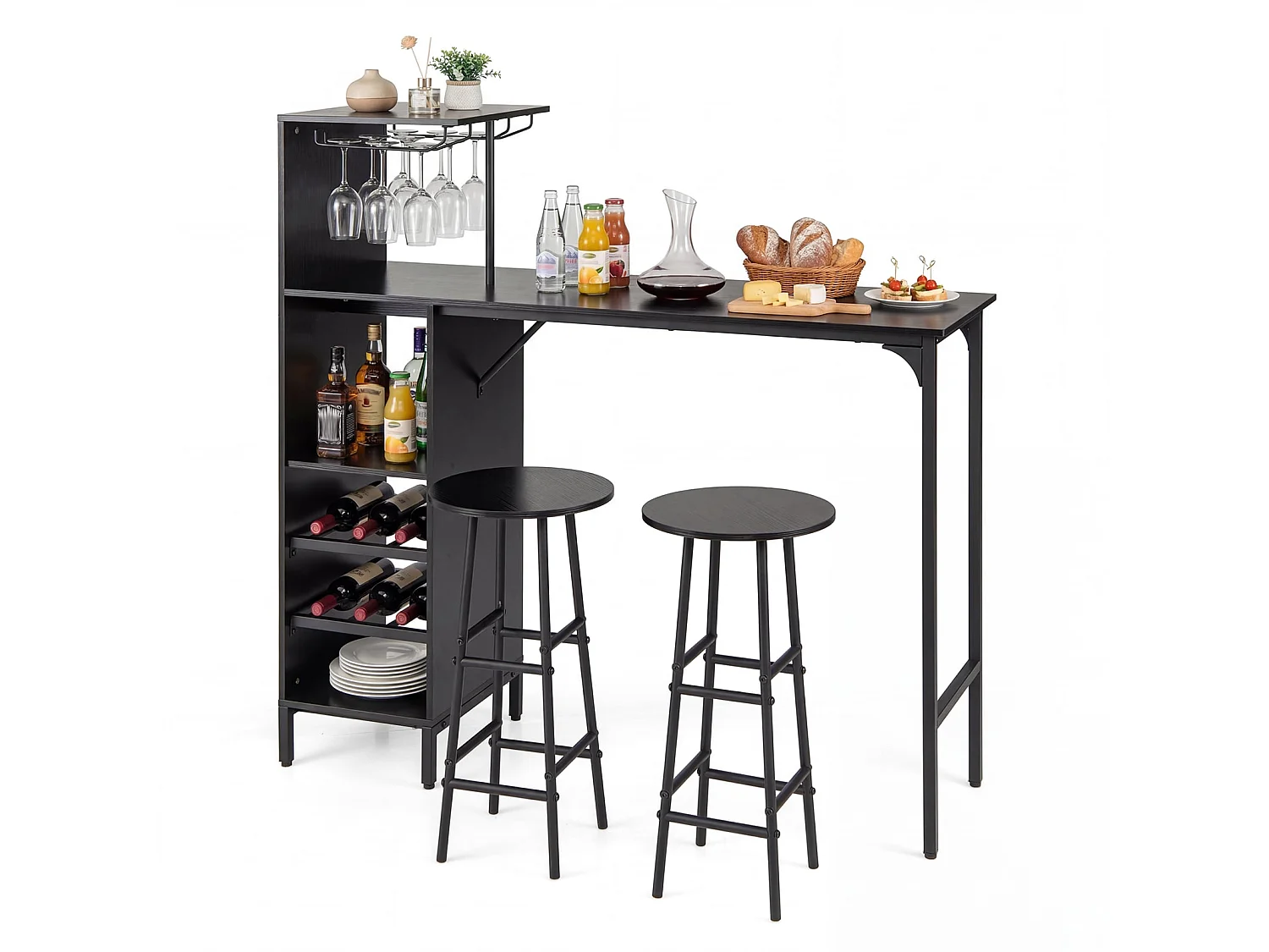 Set di mobili da cucina - tavolino da bar con ripiani per il vino e 2 sgabelli