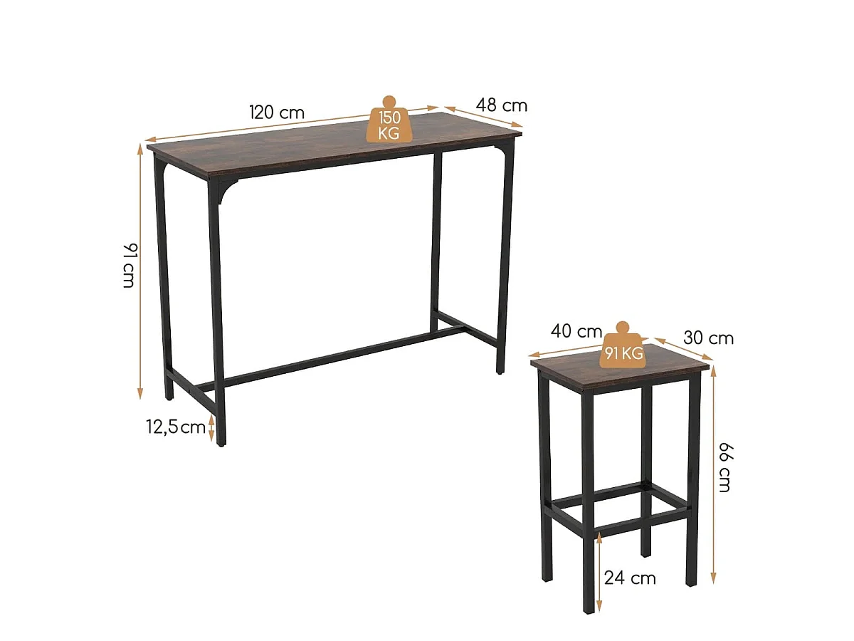 Set da cucina: tavolo in stile industriale + 2 sgabelli