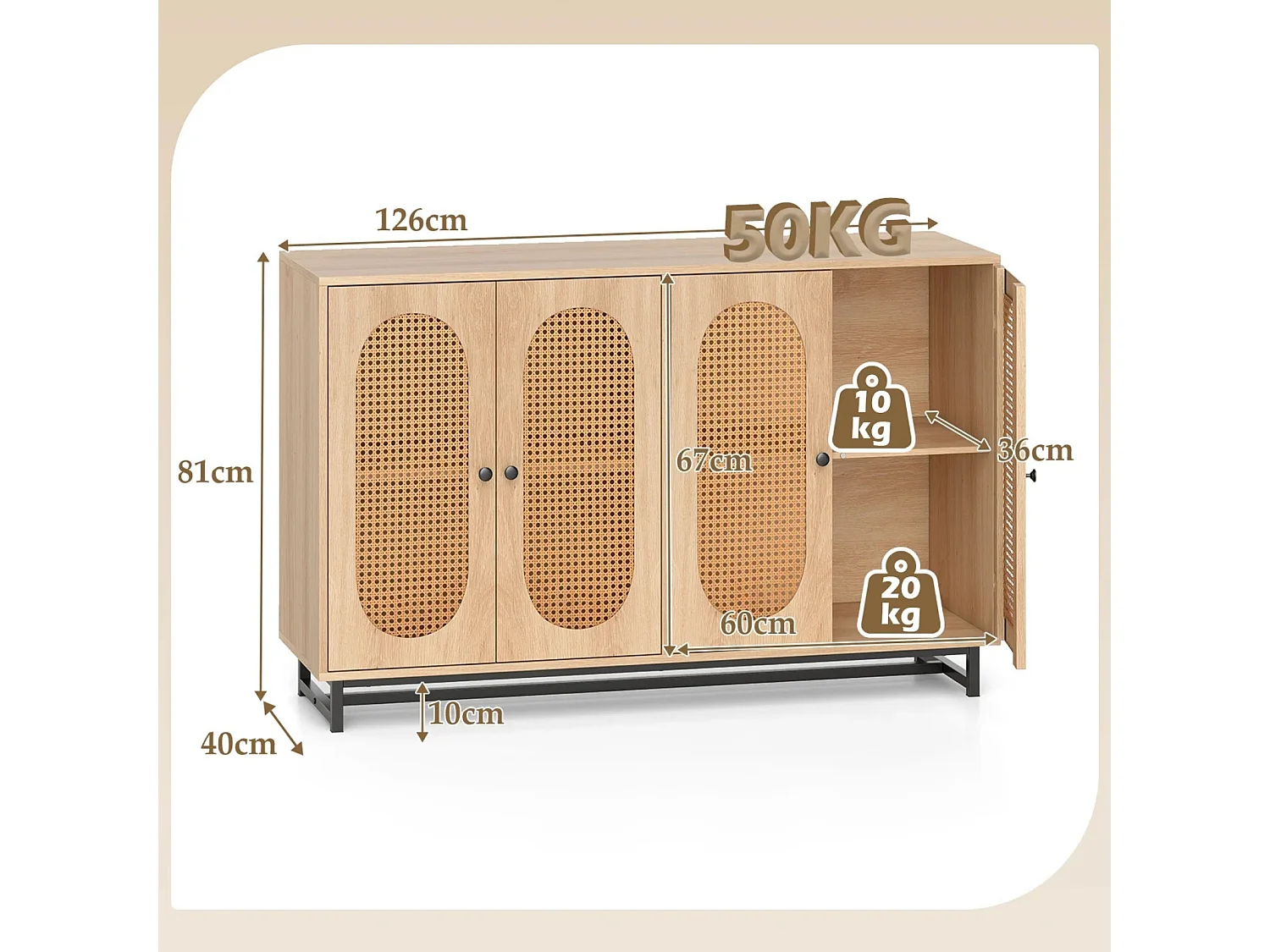Comò a 4 ante con inserto in rattan