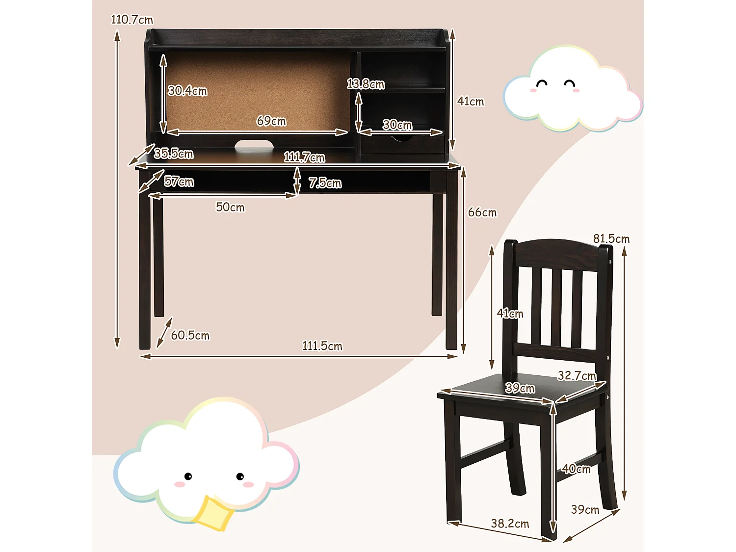 Bureau pour enfant avec tableau en liège et chaise Bureau pour enfants
