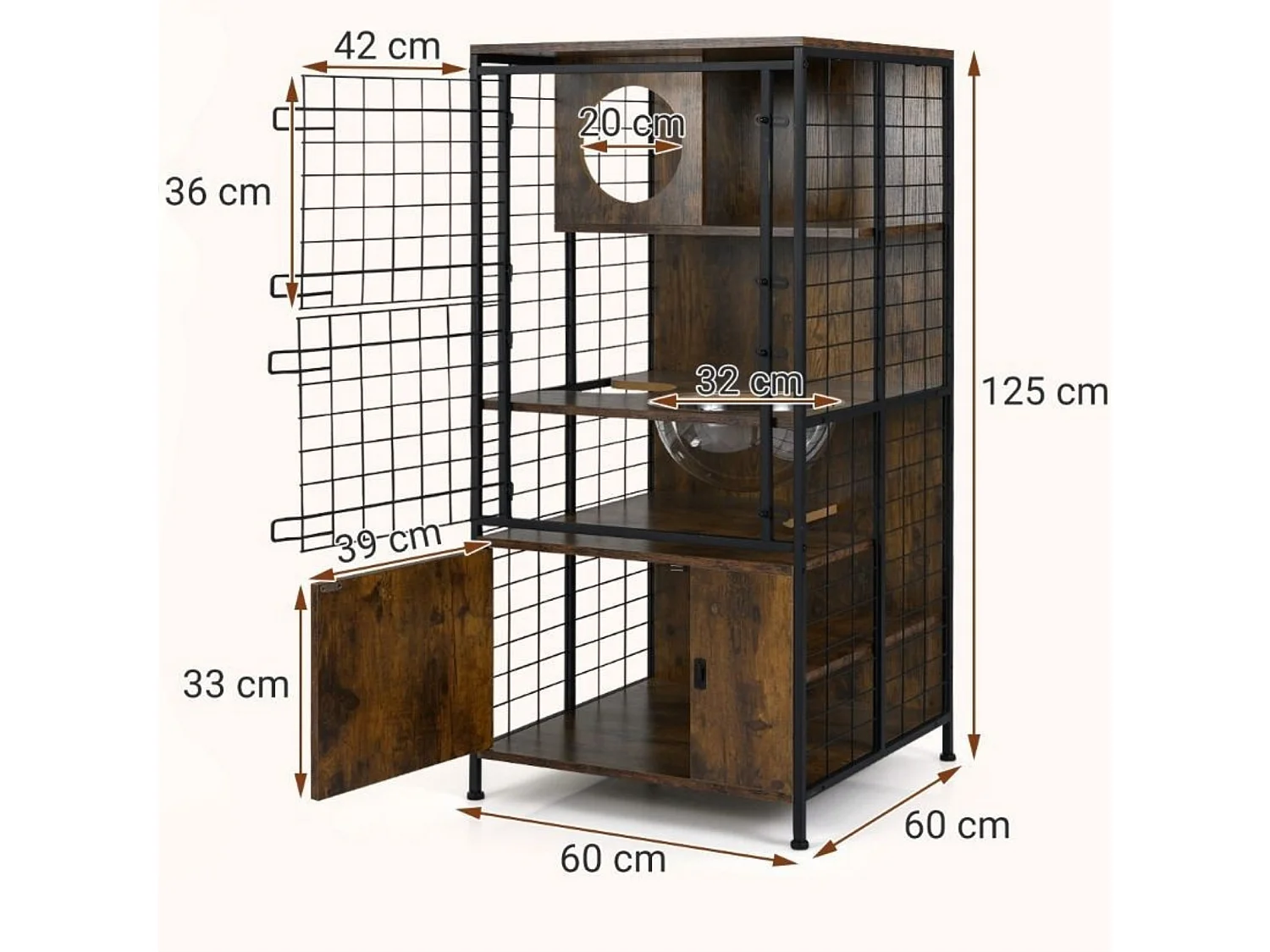 Cage moderne à plusieurs niveaux pour chat, avec cadre métallique, marron