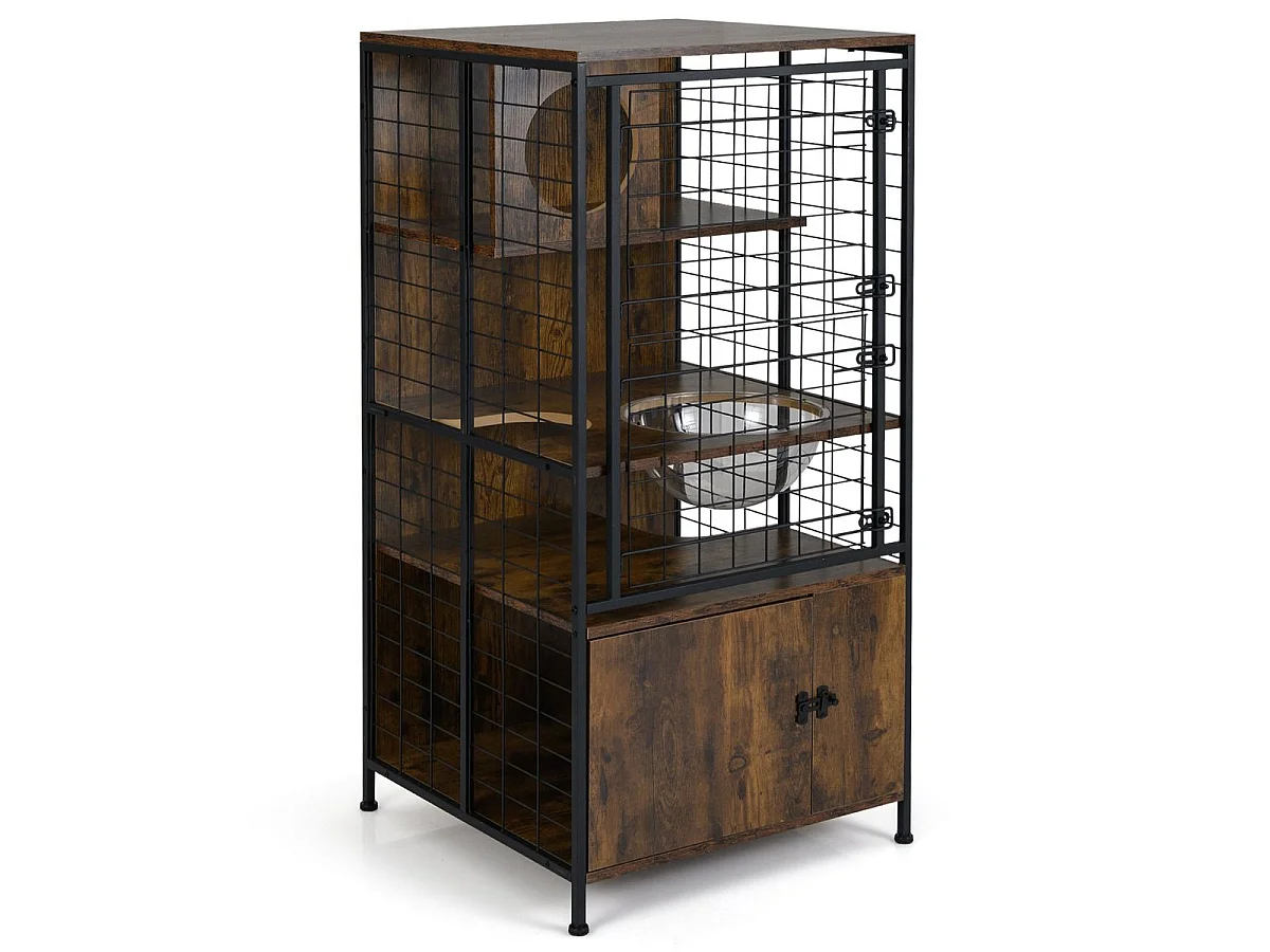 Cage moderne à plusieurs niveaux pour chat, avec cadre métallique, marron