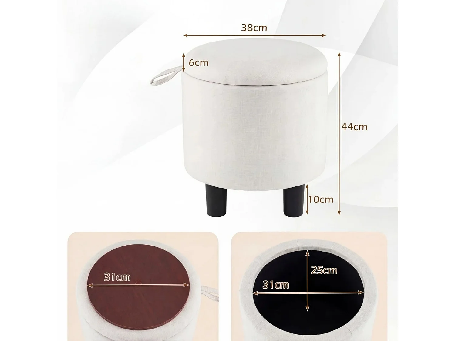 Pouf rotondo 3 in 1 con vano portaoggetti e piano d'appoggio Tavolino da salotto