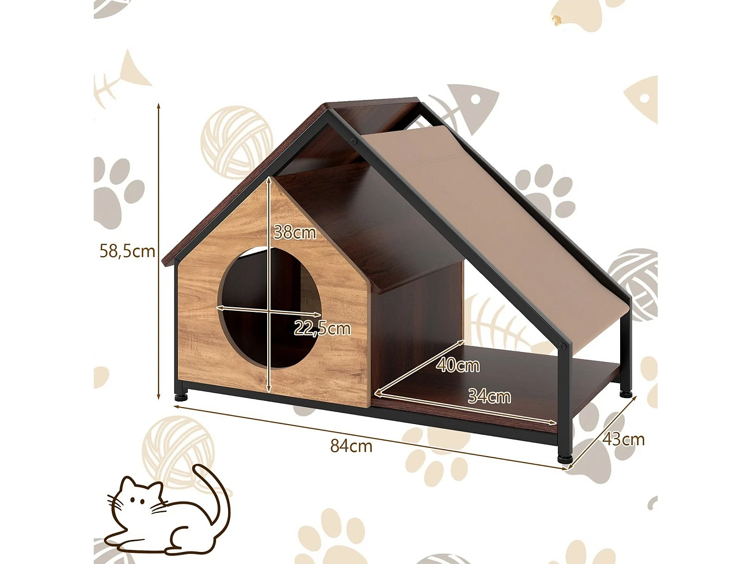 Casetta in legno con veranda per gatti, da usare in casa, colore naturale