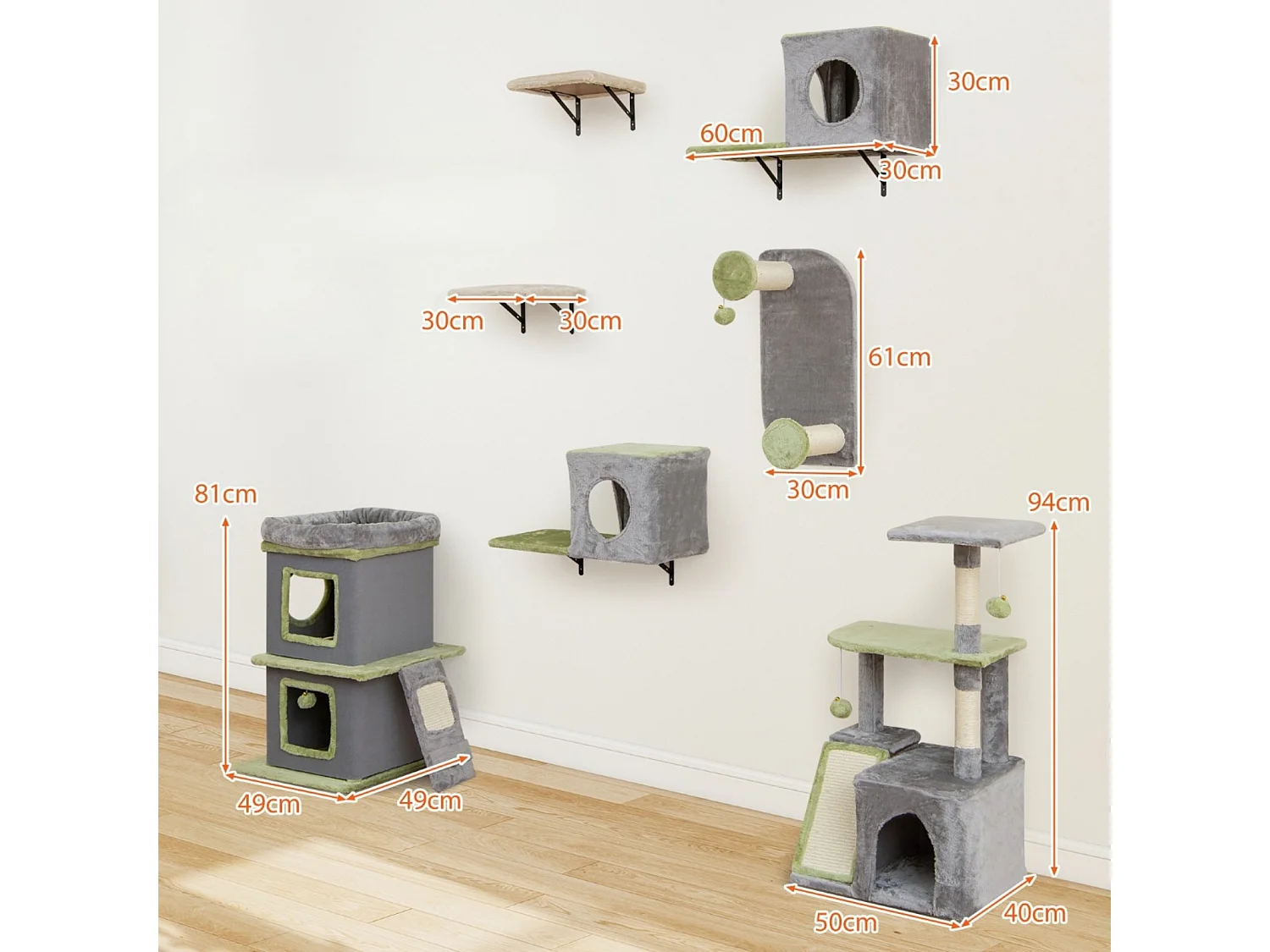 Katzen-Aktivitätszentrum-Set mit Häuschen, Regalen und Kratzbäumen