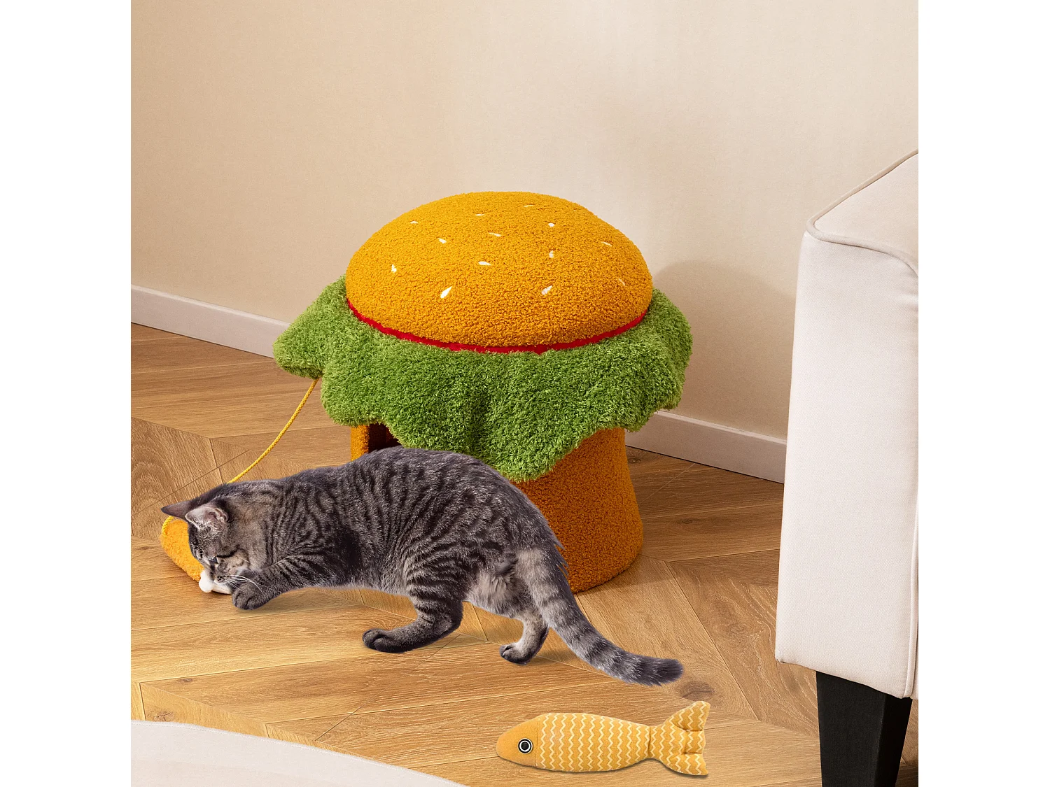 Katzenhäuschen in Form eines Hamburgers – „Burger“-Schlafplatz