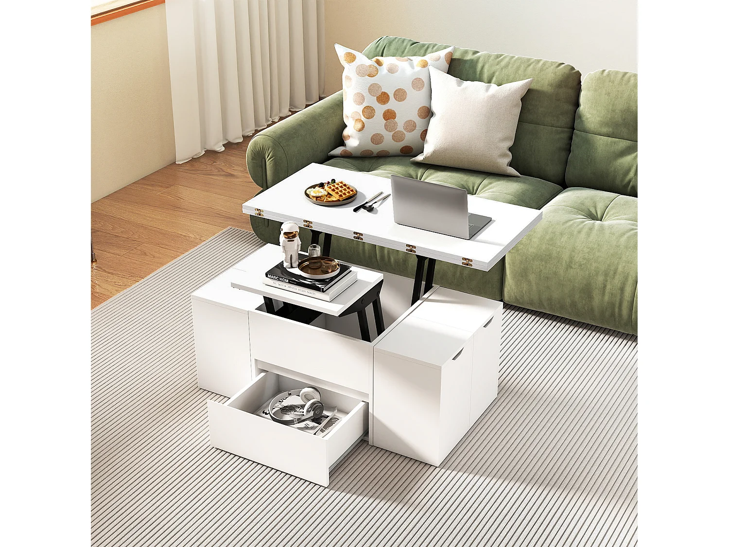 Table basse à plateaux relevables et rangements Canapé de salon blanc