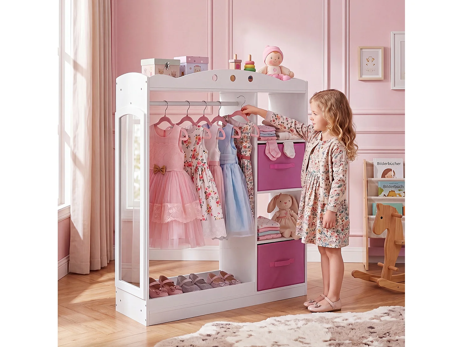 Kinderschrank mit Spiegel – Kinderkleiderschrank mit Schubladen, weiß