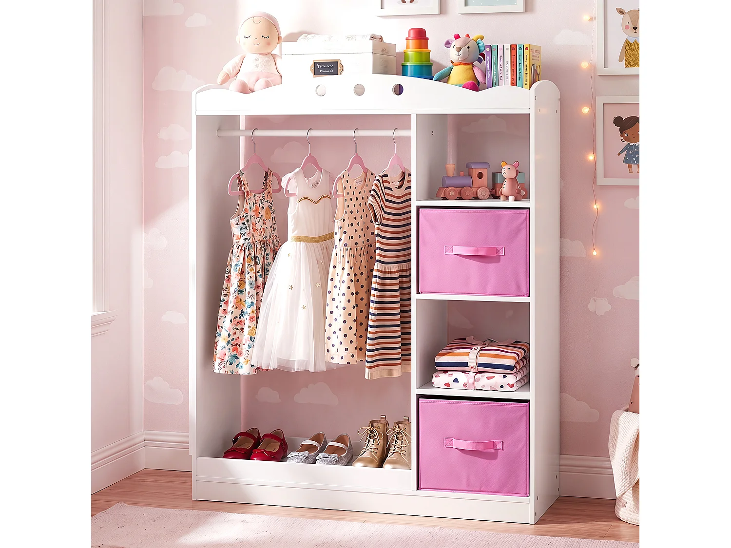 Kinderschrank mit Spiegel – Kinderkleiderschrank mit Schubladen, weiß