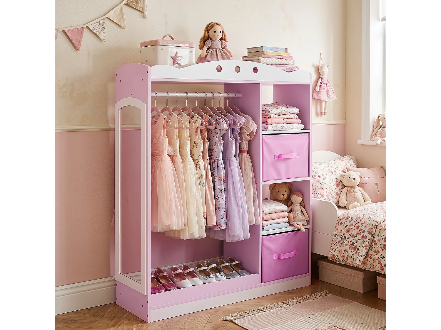 Kinderschrank mit Spiegel – Kinderkleiderschrank mit Schubladen, rosa
