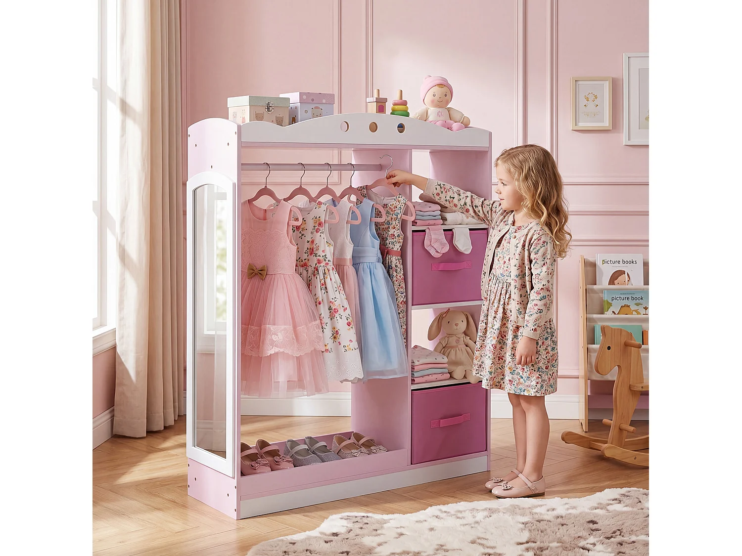 Kinderschrank mit Spiegel – Kinderkleiderschrank mit Schubladen, rosa