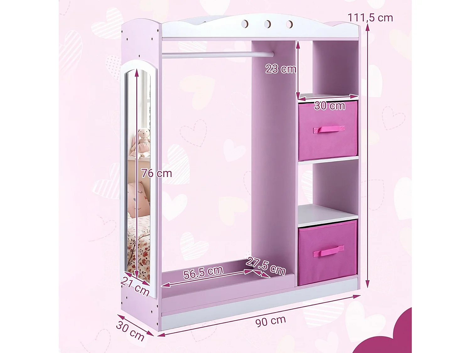 Kinderschrank mit Spiegel – Kinderkleiderschrank mit Schubladen, rosa