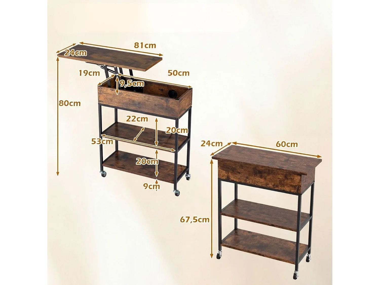 Table basse à roulettes avec plateau relevable et station de recharge