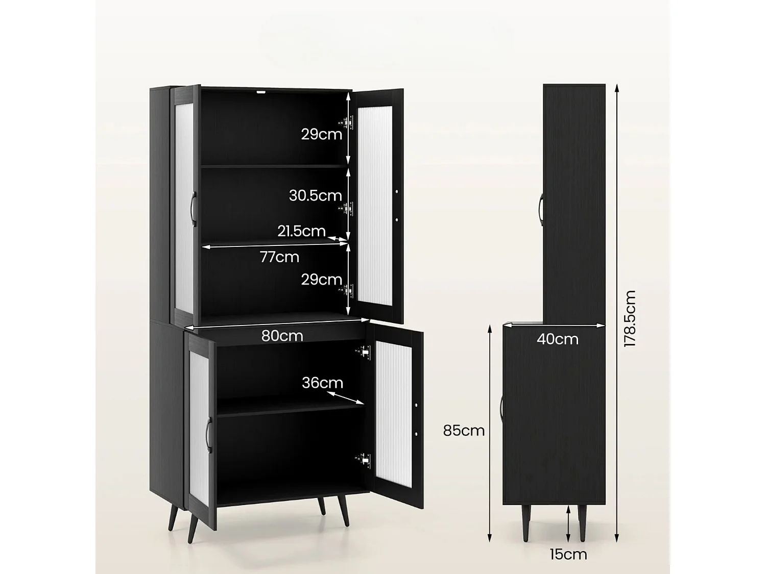 Küchenschrank hoch 178,5 cm Küchenregal mit 4 transparenten Türen & verstellbares Regal Schwarz