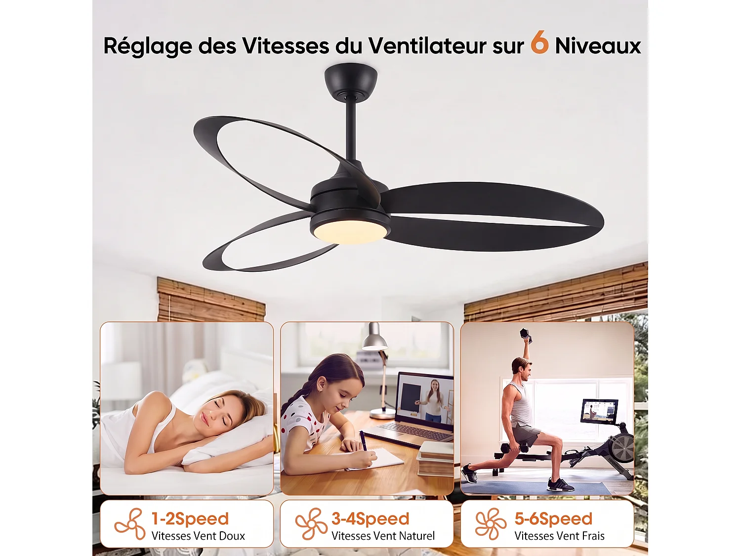 Parrot Uncle Deckenventilator mit LED-Beleuchtung, 106.7 cm, 6 Geschwindigkeitsstufen, 3 Farbtemperaturen, modern in Schwarz