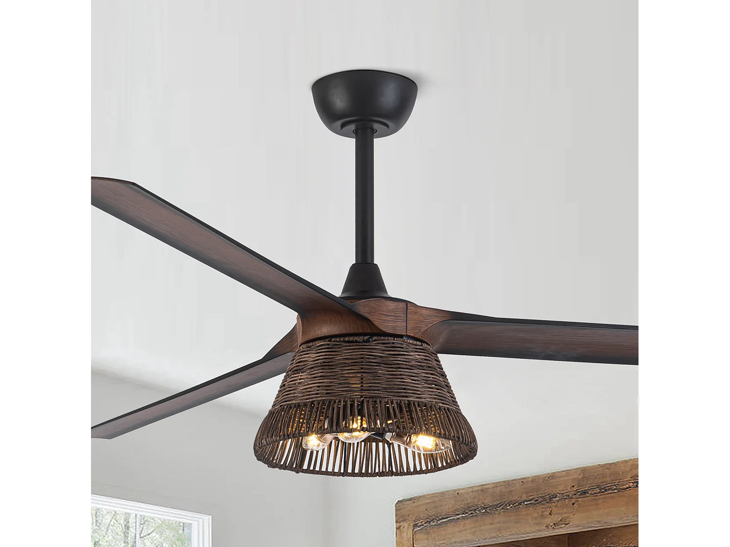 Parrot Uncle Ventilateur de plafond 152,4cm, pales ABS, abat-jour rotin métal, 6 vitesses, style campagnard noir marron
