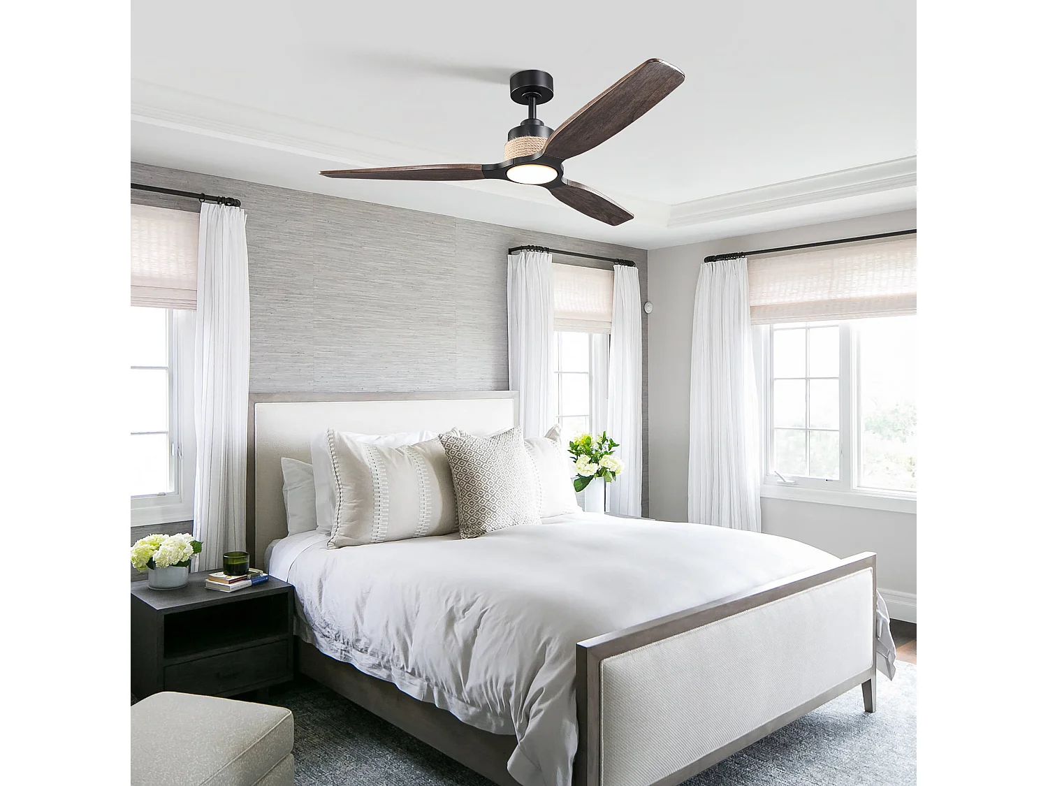Parrot Uncle Ventilateur de plafond LED 142 cm, 6 vitesses, pales en bois massif chêne gris, tige noir mat, style moderne