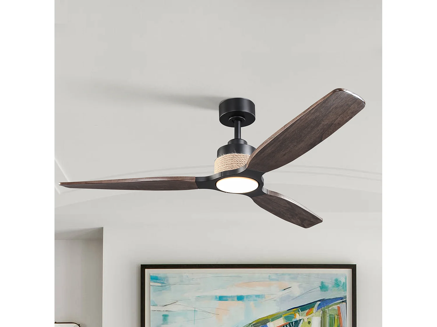 Parrot Uncle Ventilateur de plafond LED 142 cm, 6 vitesses, pales en bois massif chêne gris, tige noir mat, style moderne