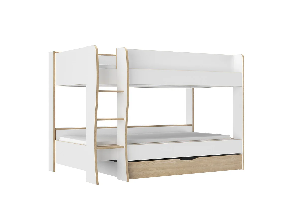 Wit en Eikenhouten Stapelbed met Grote Lade - RUIM, 2 Bedden 90x200cm, Opbergruimte, Stevige Ladder
