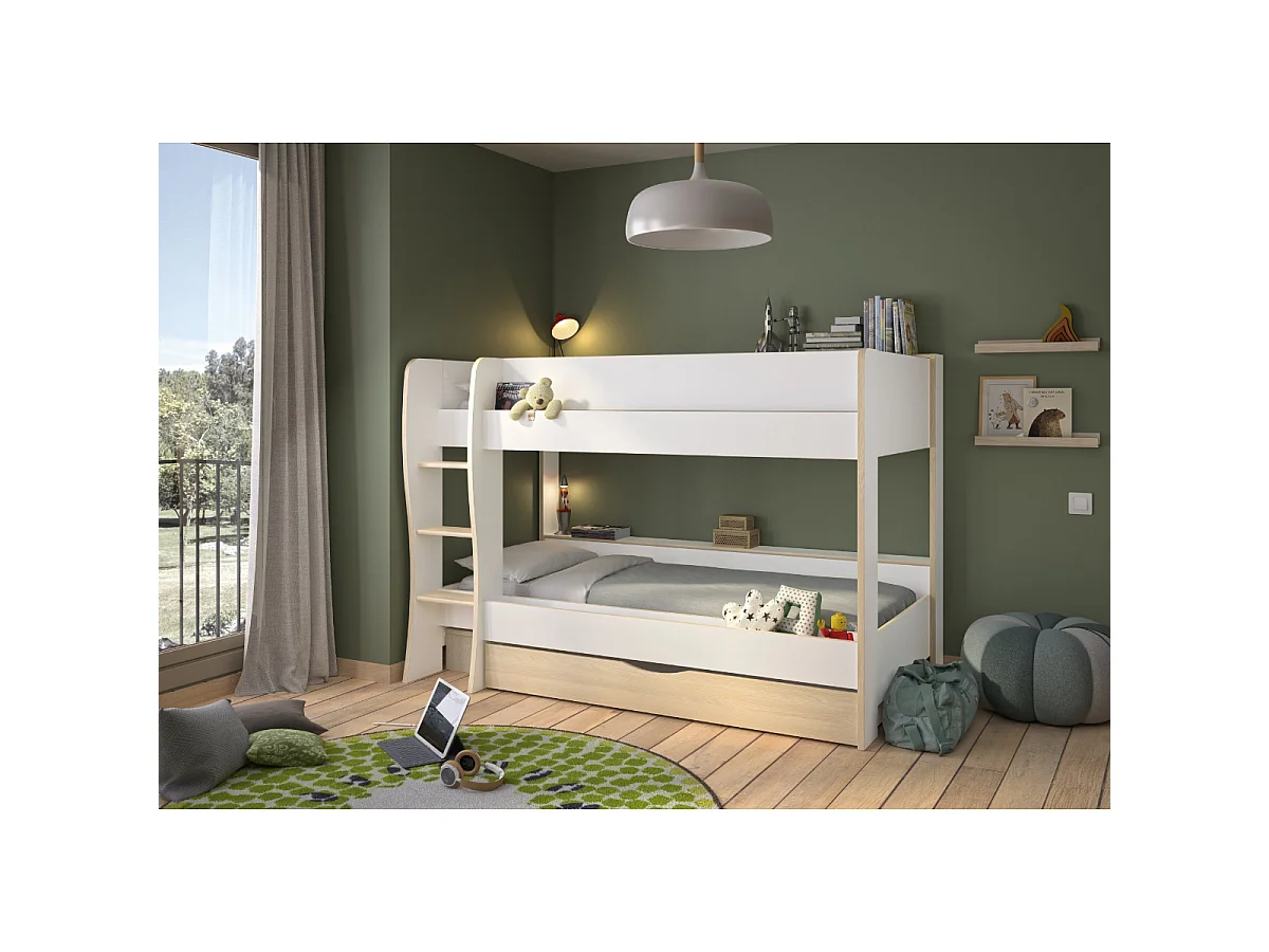 Wit en Eikenhouten Stapelbed met Grote Lade - RUIM, 2 Bedden 90x200cm, Opbergruimte, Stevige Ladder