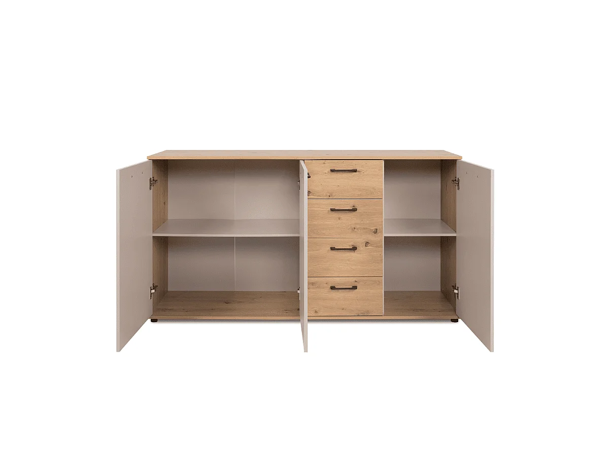 Buffet 3 portes, 4 tiroirs effet chêne et cachemire L160 cm - LINO