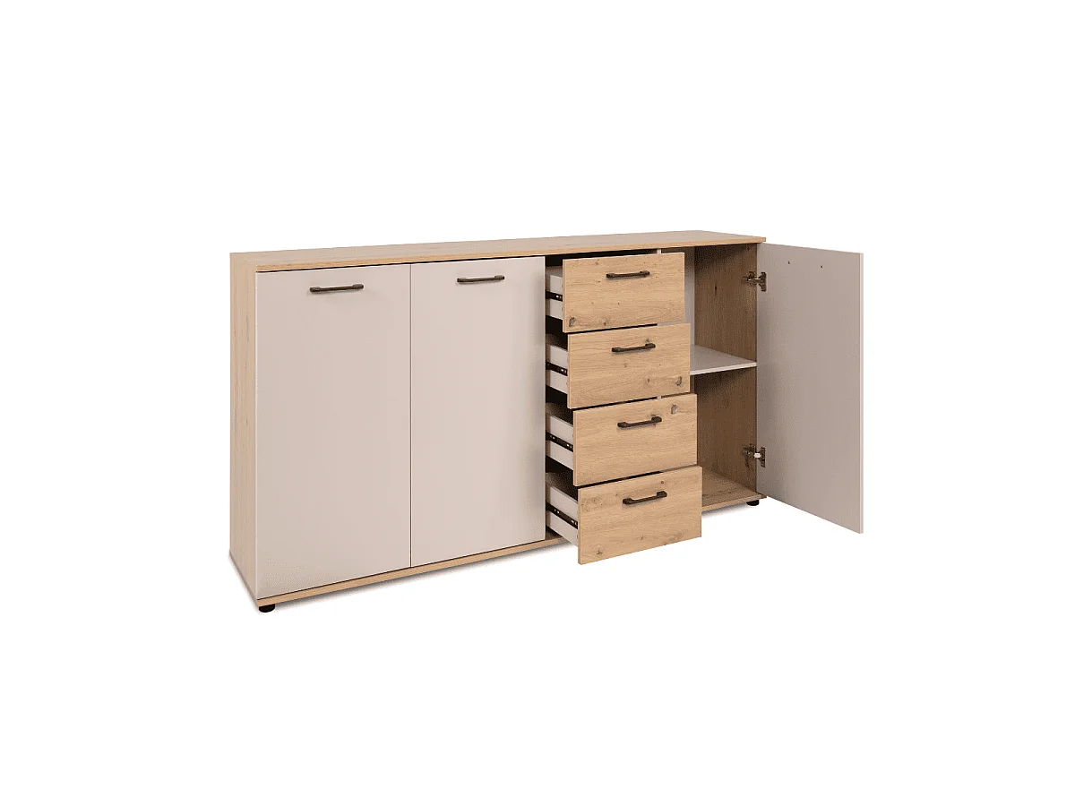 Buffet 3 portes, 4 tiroirs effet chêne et cachemire L160 cm - LINO