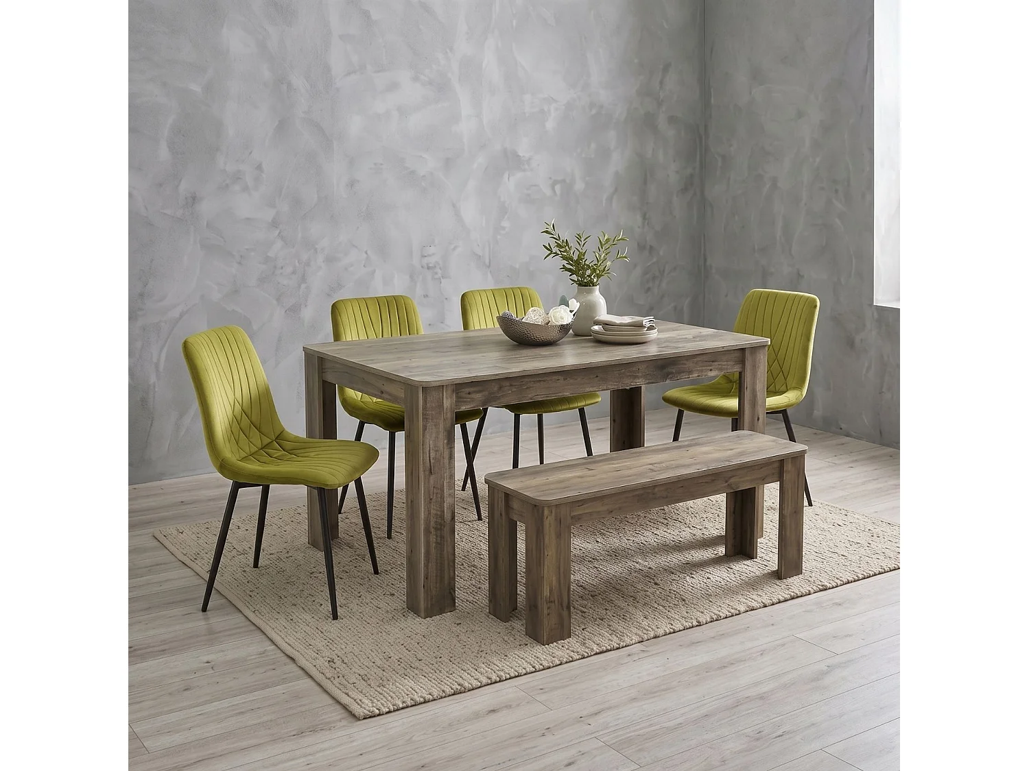 Dining Set with Rustic Wood Effect Table, 4 Green Velvet Diamond Chairs and Rustic Bench 6 Seater