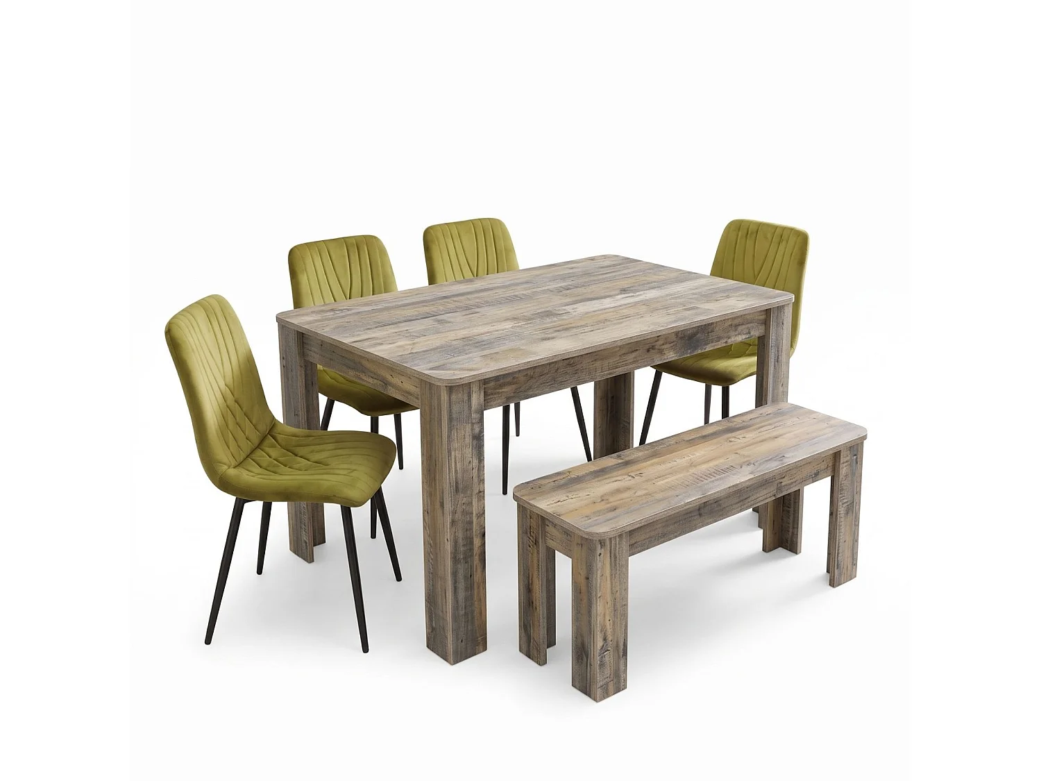 Dining Set with Rustic Wood Effect Table, 4 Green Velvet Diamond Chairs and Rustic Bench 6 Seater
