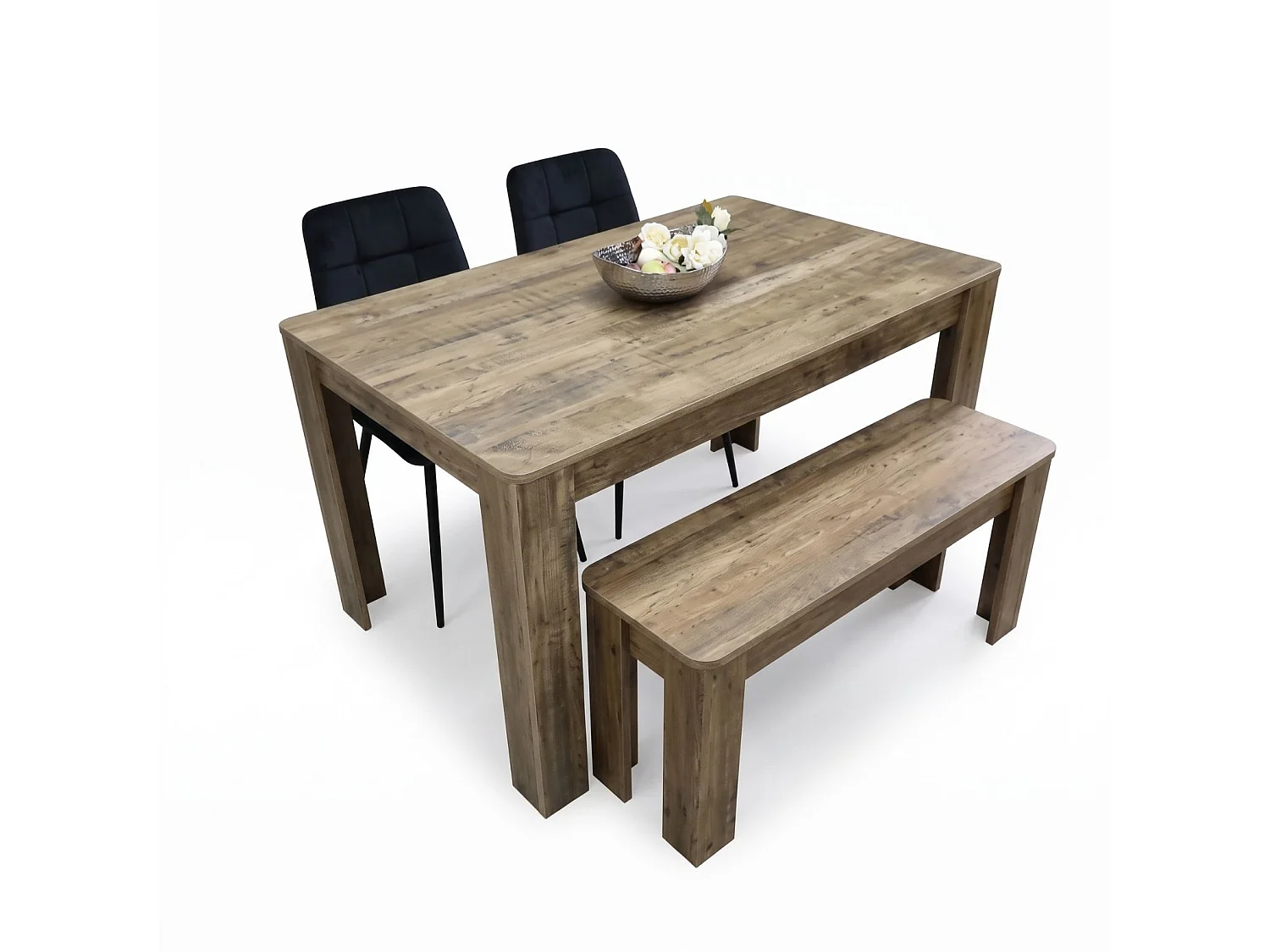Dining Set with Rustic Wood Effect Table, 2 Black Velvet Chairs and Rustic Bench 4 Seater
