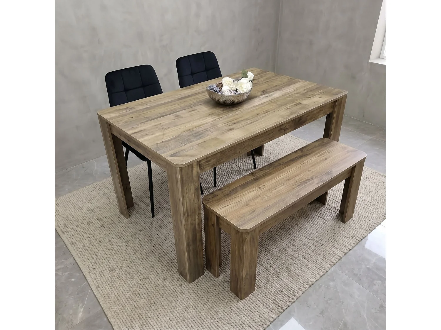 Dining Set with Rustic Wood Effect Table, 2 Black Velvet Chairs and Rustic Bench 4 Seater