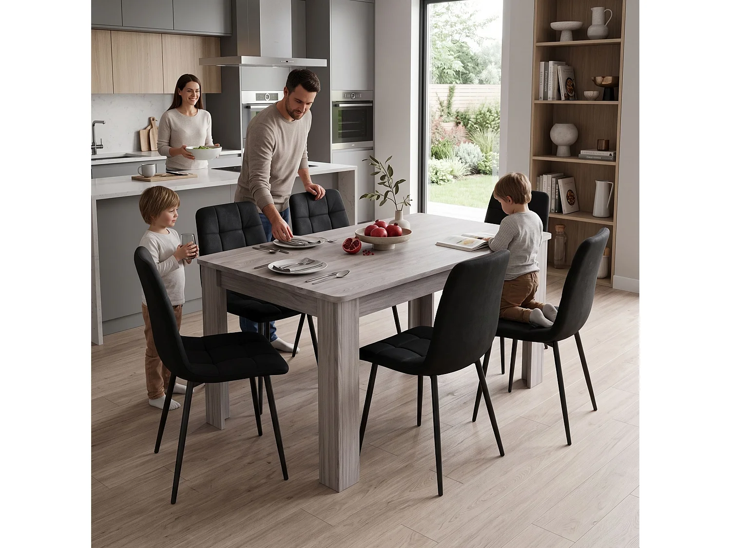 Dining Set with Rustic Wood Effect Table, 2 Black Velvet Chairs and Rustic Bench 4 Seater