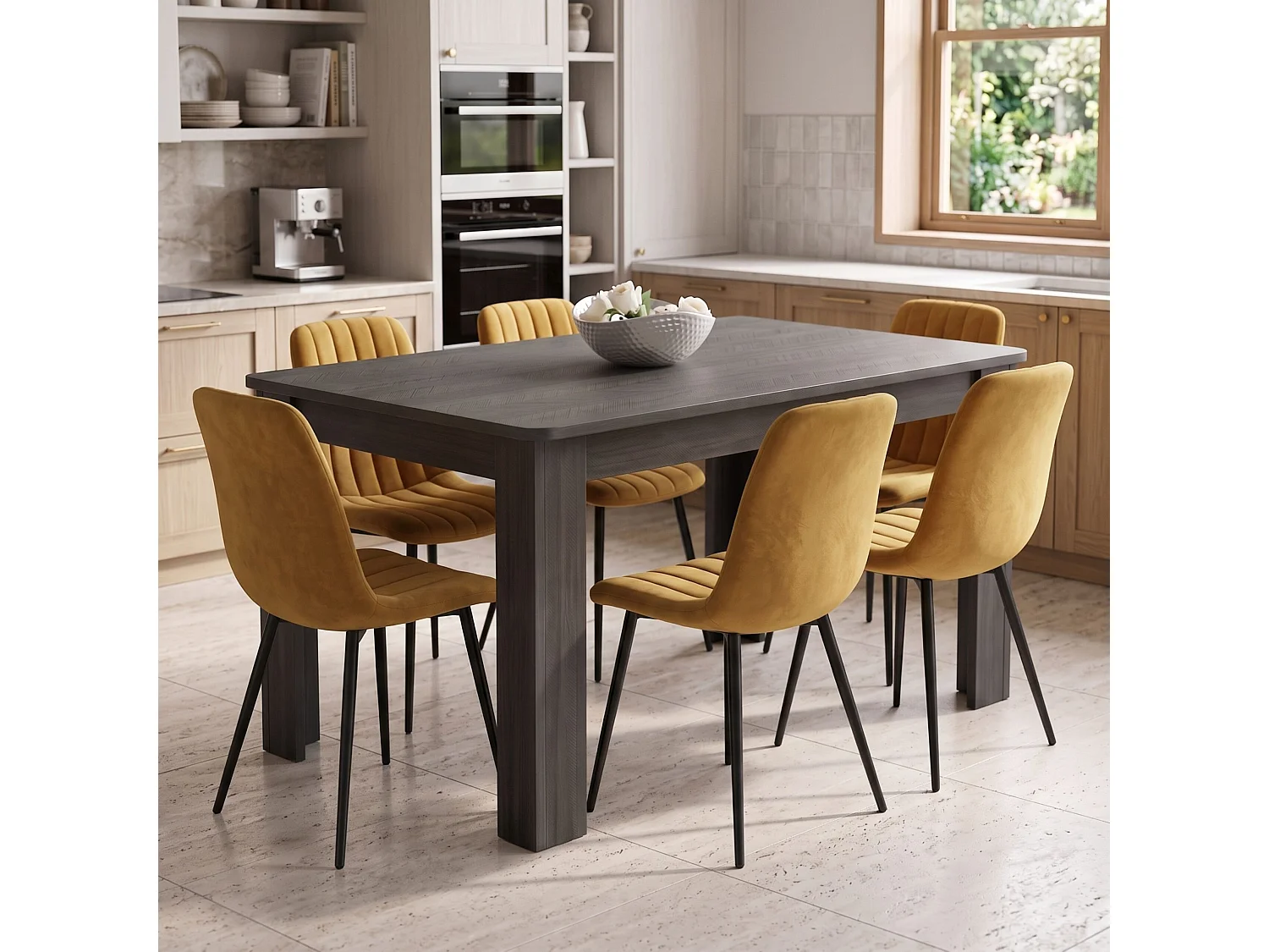 Charcoal Dining Table Set with 6 Brown Velvet Chairs 6 Seater Kitchen and Dining Room Furniture