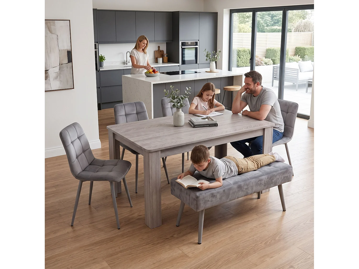 Charcoal Dining Table Set with 6 Brown Velvet Chairs 6 Seater Kitchen and Dining Room Furniture