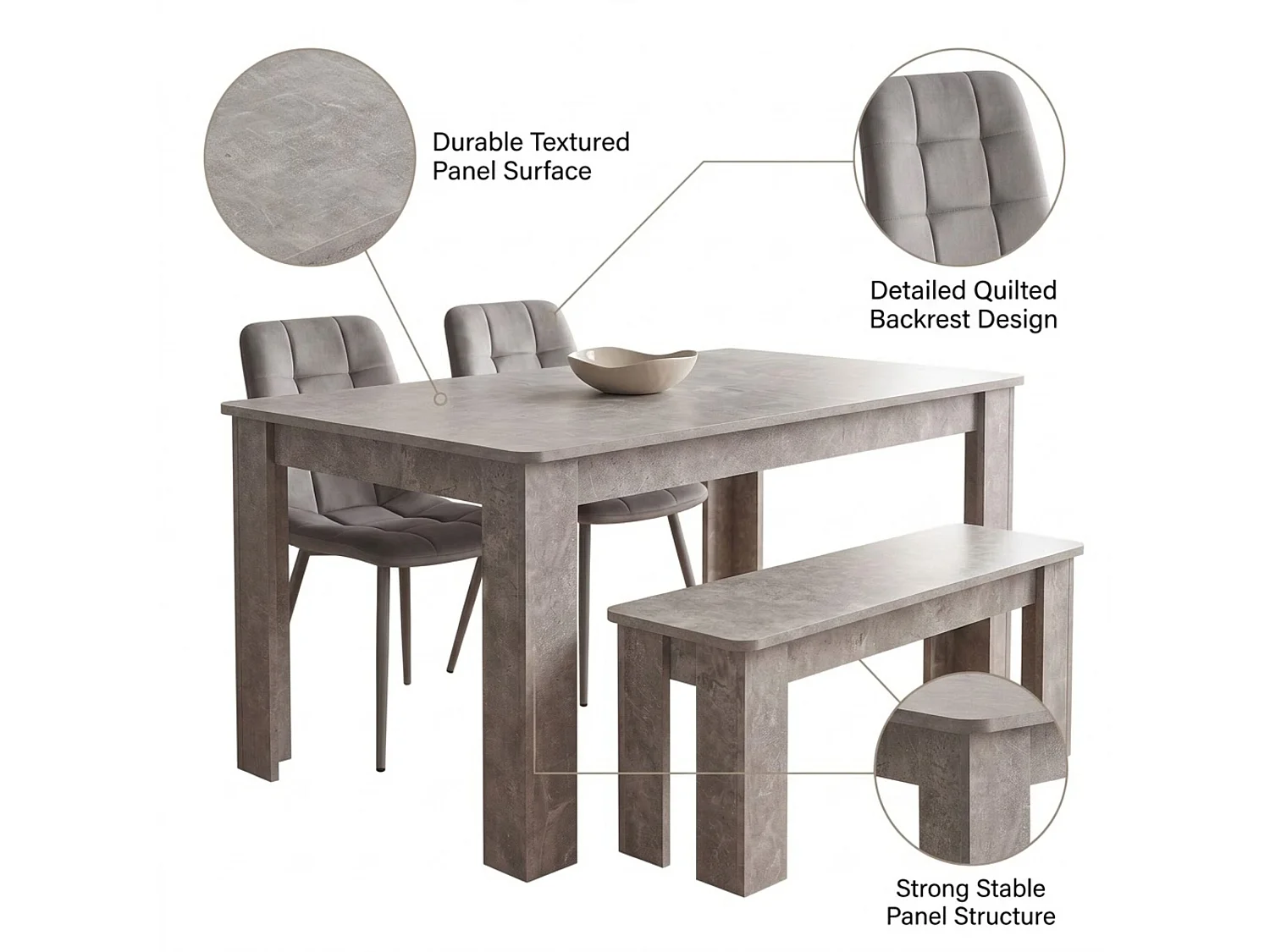 Stone Grey Effect Dining Table Set with 2 Grey Nova Velvet Chairs and Stone Grey Bench 4 Seater
