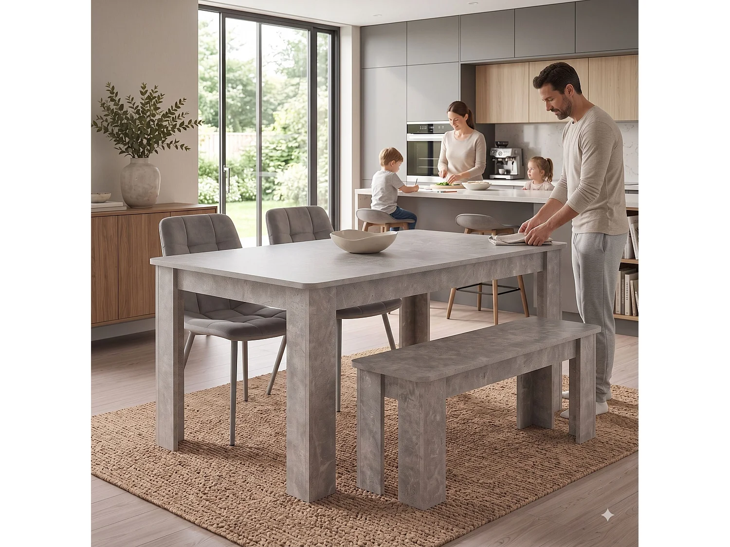 Stone Grey Effect Dining Table Set with 2 Grey Nova Velvet Chairs and Stone Grey Bench 4 Seater