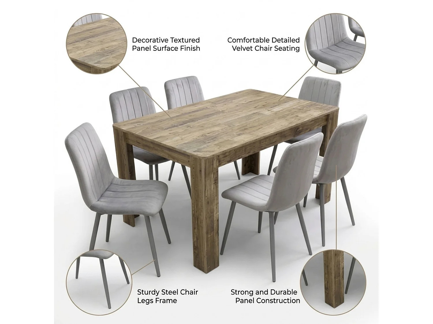 Stone Grey Effect Dining Table Set with 2 Grey Nova Velvet Chairs and Stone Grey Bench 4 Seater
