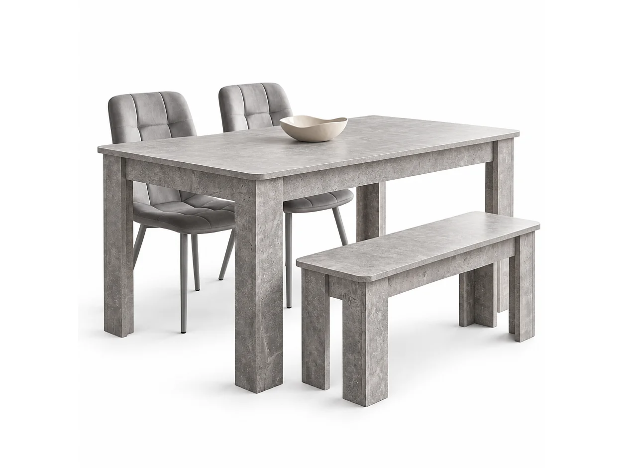 Stone Grey Effect Dining Table Set with 2 Grey Nova Velvet Chairs and Stone Grey Bench 4 Seater