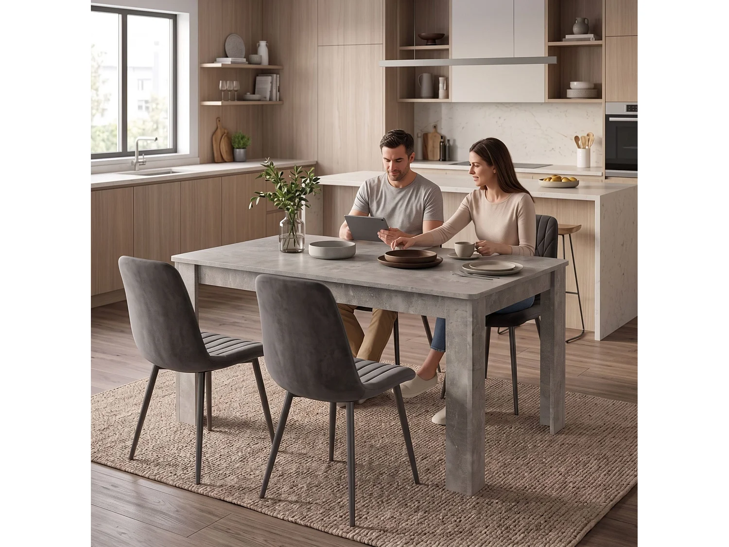 Stone Grey Dining Table Set with 4 Charcoal Velvet Diamond Chairs 4 Seater Kitchen Dining Set