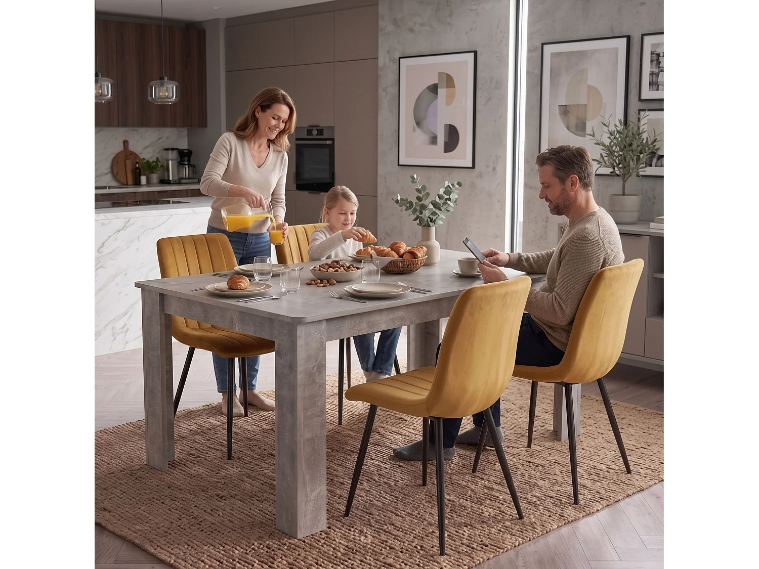 Modern Dining Set with Stone Grey Effect Table and 4 Brown Velvet Chairs 4 Seater Dining Furniture