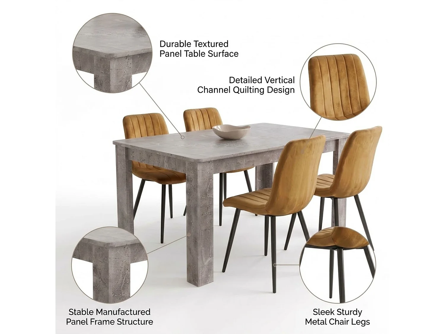 Modern Dining Set with Stone Grey Effect Table and 4 Brown Velvet Chairs 4 Seater Dining Furniture