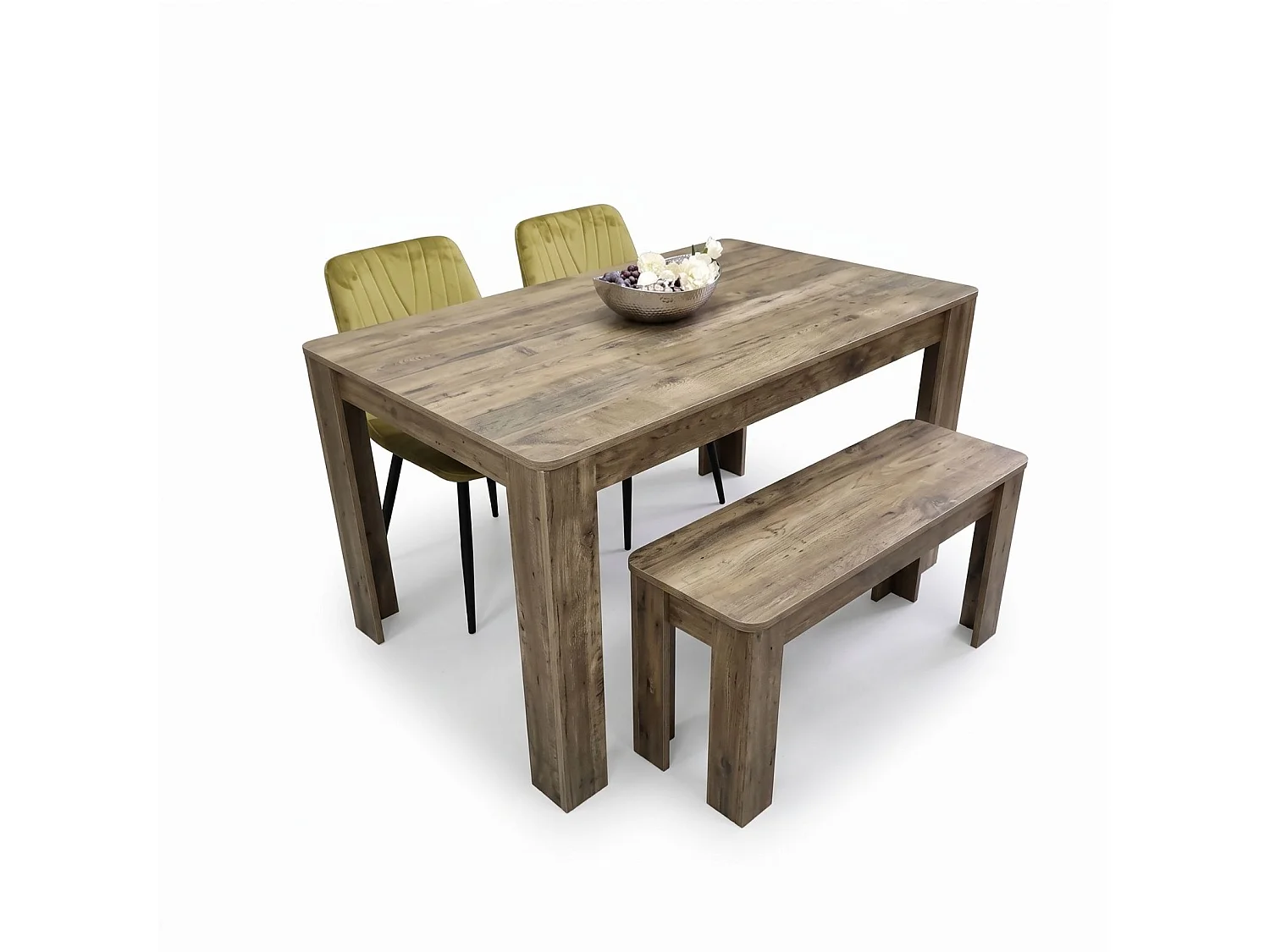Dining Set with Rustic Wood Effect Table, 2 Green Velvet Diamond Chairs and Rustic Bench 4 Seater
